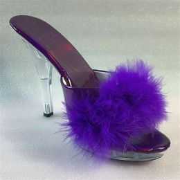 Slippers 13 Cm High Glass Slipper Fashion Sandals Pink Feather Decorated Upper Model Pole Dance Performance