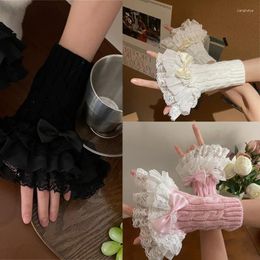 Knee Pads Womens Vintage Knitting Floral Lace Wrist Gloves Elastic Ruched Cuff Drop