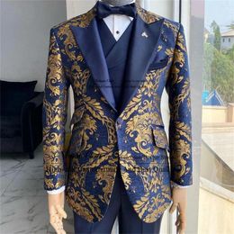 Men's Suits Navy Blue And Gold Floral Jacquard Male Prom Peaked Lapel Groom Wedding Tuxedos 3 Pieces Sets Slim Fit Terno Masculino