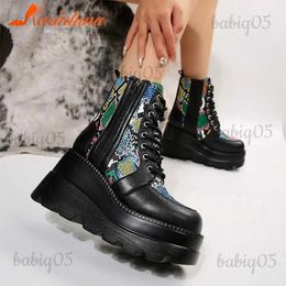 Boots Women's Punk Gothic Platform Wedge Ankle Boots 2023 Hot Sale Round Toe Lace Up Buckle Strap Short Boots Side Zipper Female Boots T231121