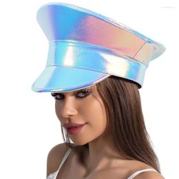 Berets Adult Sparkling Military Hat Men Silver Colour PU Flat Top Cap Girls Women Taking Po Camping Navy