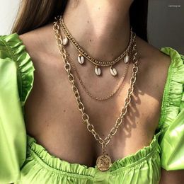 Pendant Necklaces Fashion Boho Shell Head Coin Necklace For Women Multilevel Vintage Choker Gold Plated Thick Chain Punk Jewellery Gift
