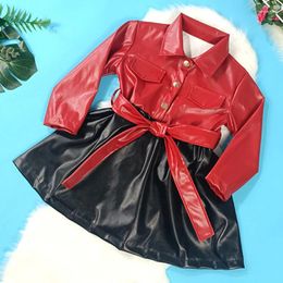 Girl Dresses Fashionable Girls' Color Contrast Long Sleeved Leather Dress With Lapel Party In Spring And Autumn