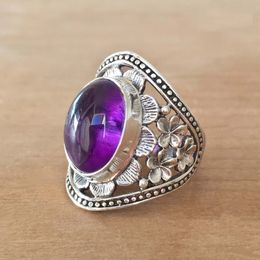 S3609 Retro Nepal Purple Crystal Ring For Man Woman Flower Hollow Out Figer Rings