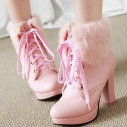 Boots Womens Winter Fashion 2023 High Heel Pink White Black Fur Lovely Lolita Ladies Party Wedding Shoes Size 35-43