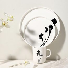 Plates And Mug Set Black White Ceramic Dinner Modern Dinnerware Creative Flower Plate