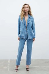 Women's Two Piece Pants Tesco Women Denim Suit Blazer And 2 Long Sleeve Coat Straight Wide Leg Jeans Suits Casual
