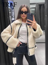 Womens Jackets TRAF Fashion Winter Unique Jacket White Polo Collar Long Sleeve Pocket Zipper Roupa Coats Jaqueta 231120