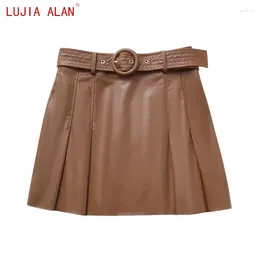 Skirts Autumn Women Artificial Leather Pleated Mini Female Casual High Waist Belt Loose Street Clothing LUJIA ALAN P5231