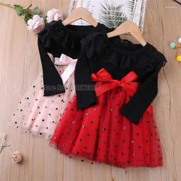 Girl Dresses Girls Long Sleeve Dress Autumn Lace Collar Mesh Yarn Patchwork Princess Toddler Kids Clothes