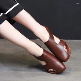 Sandals 2023 Summer Women Flat-bottomed Genuine Leather Handmade Flat Shoes Black / Brownn