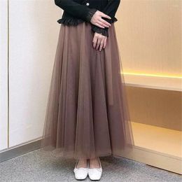 Skirts 3 Layers Summer Long Tulle Skirt Women 2023 Ladies Casual White Black Elastic High Waist Pleated Sun School Maxi Female