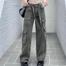 Women's Pants Drawstring Low Waist Y2K Wide Leg Trousers Women Retro Green Pockets Streetwear Cargo Casual Harajuku Joggers 90s