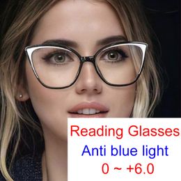 Reading Glasses Vintage Luxury Brand Cat Eye Reading Glasses Women White Black Rim Optical Prescription Eyeglasses Frame Blue Light Glasses 230421