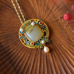 Pendant Necklaces Ancient Method: Copper Gilding Imitation An Jade Female Personality Artistic Enamel Colour Painting Chinese