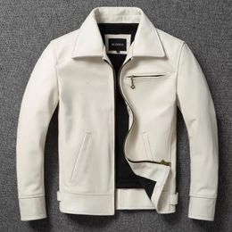 Mens Leather Faux Genuine Jacket White Lapel Calfskin Natural Cowhide Coat Slim Fit Top Layer Biker 231120