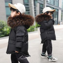 다운 코트 소년 겨울 코트 어린이 다운 재킷 큰 모피 칼라 후드 스노우웨어 여자 두껍게 겉옷 아이 2-8 세의 옷 TZ597 231120