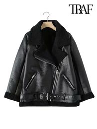 Women's Jackets TRAF Women Fashion Thick Warm Winter Fur Faux Leather Oversized Jacket Coat Vintage Long Sleeve Female Outerwear Chic Tops 231121