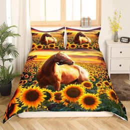 Bedding Sets Brown Horse Duvet Cover Set Twin Size For Kids Adult Room Decor Modern Sunflower With Sunset