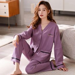 Women's Sleepwear Pajamas Spring And Autumn Pure Cotton Long Sleeved Pants Set Simple Purple Homewear