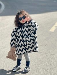 Jackets Kids Girls Jacket Coat Winter Casual Loose Black And White Wavy Stripe Lambswool With Hooded Long Thermal