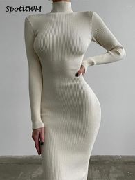 Casual Dresses Elegant White Turtleneck Ribbed Knitted Dress Fashion Women Bodycon Long Sleeve Midi Female Autumn Slim Streetwear Robes