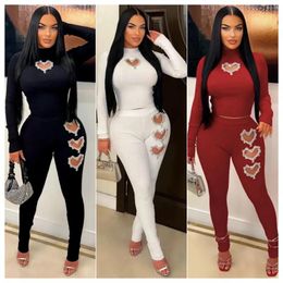 Women's Two Piece Pants Elegant Sexy 2 Sets 2023 Women Winter Fall Clothes Club Party Bodycon Crop Rhinestone Tops Pant Tracksuits