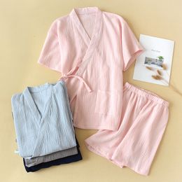 Women's Sleepwear Summer Cotton Crepe Pyjamas Women's Short-Sleeved Shorts Pyjamas Women V-Neck Kimono Pijamas Thin Sleepwear 2 Piece Home Clothes 230421