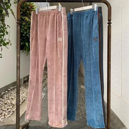 Men's Pants AWGE Harajuku Joggers Velvet Stripe Needles Sweatpants Men Women High Quality Drawstring Embroidery Butterfly Track