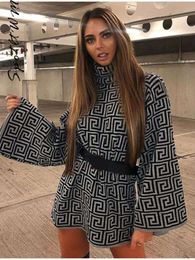 Women Knitted Printed Mini Dress Fashion Loose Flare Sleeves Turtleneck Waist Dresses Female Chic High Street Vestidos