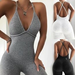 Women's Jumpsuits Summer Wrapped Chest Strap Rib Halter Sleeveless Jumpsuit Women Rompers