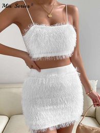 Solid Suspender Short Two piece Set Women Sexy Strapless Sleeveless Crop Top Female Slim High Waist Mini Skirt Suit