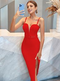 Casual Dresses Red Bandage Dress Women Sexy Spaghetti Strap V Neck Open Leg Knee Length Celebrity Evening Club Party Going Out