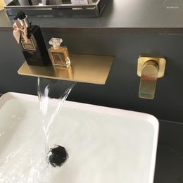 Bathroom Sink Faucets Soild Brass Basin Mixer Taps & Cold In-Wall Single Handle Shelf Waterfall Type Brushed Gold/Gun Grey