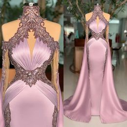 Prom Dresses Mermaid Crystals Beaded Long Sleeves Overskirt Satin Custom Made Ruched Evening Party Gowns Vestidos Plus Size 0425