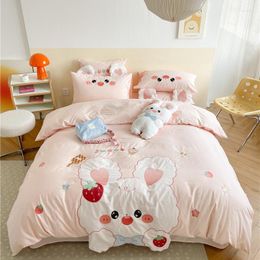 Bedding Sets Pink Cute Strawberry Applique Girl Set 40S Washed Cotton Soft Cozy Single Duvet Cover Bed Sheet Pillowcases