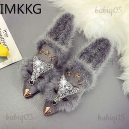 Dress Shoes Crystal fox pattern winter flat loafers women metal pointed toe glitter fur moccasins brand design ballet flats ladies shoes T231121