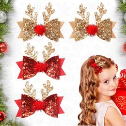 Hair Accessories Christmas Headdress Glitter Sequins Cute Antler Kids Clip Elk Bow Hairpin With Ball Women Girls Xmas Headwear Gifts