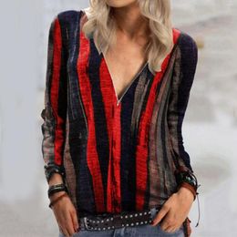 Women's Blouses Women Fashion Tops V-Neck Zipper Long Sleeves Blouse Colour Stripe Printing Loose Shirts Female Clothing