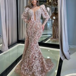 Luxury Mermaid Evening Dresses Long Sleeves V Neck 3D Lace Appliques Sequins Floor Length Pearls Beaded Diamonds Prom Dress Formal Gown Plus Size Gowns Party Dress
