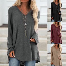 Women's T-Shirt Plain Long Sleeves Loose T-shirt Solid Color V Neck Pullover Tops Autumn Spring Fashion Casual Tee 230421