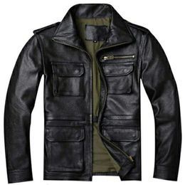 Mens Leather Faux Brown Black Real Cowhide M65 Hunting Jacket Men Genuine Coat Winter Pockets Jackets Jaqueta Masculina De Couro 231120