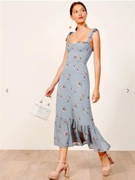 Casual Dresses Summer 2023 Women Sexy Spaghetti Strap Chiffon Dress Runway European Bohemian Floral Printed Midi Ruffles