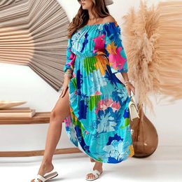 Casual Dresses Stylish Long Sleeve Waist Loose Party Dress Simple Pleated Women Spring Off Shoulder Big Floral Print