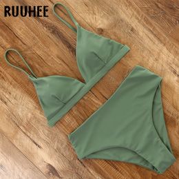 Women's Swimwear RUUHEE Bikini Swimwear Swimsuit Women Solid Bathing Suit Green Neno Bikini Set With Pad Female High Waist Beachwear Biquini 230421