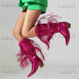 Boots Western Cowboy Cowgirls Women Mid Calf Boots Thick High Heels Pointed Toe Shiny Glitter Tassels Shoes Woman Trendy Long Boots T231121