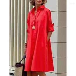 Casual Dresses Fashion Long Sleeve Shirt Dress Turndown Neck Loose Maxi Office Lady Big Pocket Vintage Blouse Vestidos Streetwear