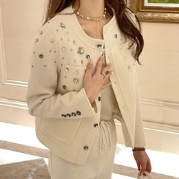 Women's Jackets Autumn Women Diamonds Beaded Wool Blazers Coat O-Neck Floral Embroidery Sequined Suits Jacket OL Cardigan Single Breasted