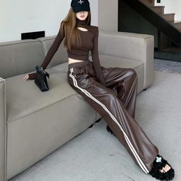 Women's Pants Autumn Winter Women PU Leather High Waist Straight Loose Wide Leg Fashion Casual Sports Trousers Clothes