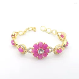 Link Bracelets Charm Fuchsia Green Jade Oval Beads Hollow Cutting Flower Inlaid Rhinestone Bangle 1 Strand 7.5"L